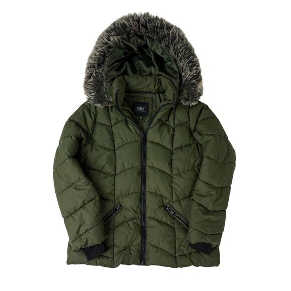 Green Winter Coat Puffer Jacket Faux Fur Removable Hood Sz 1X (Fits Like Large) - Picture 1 of 15